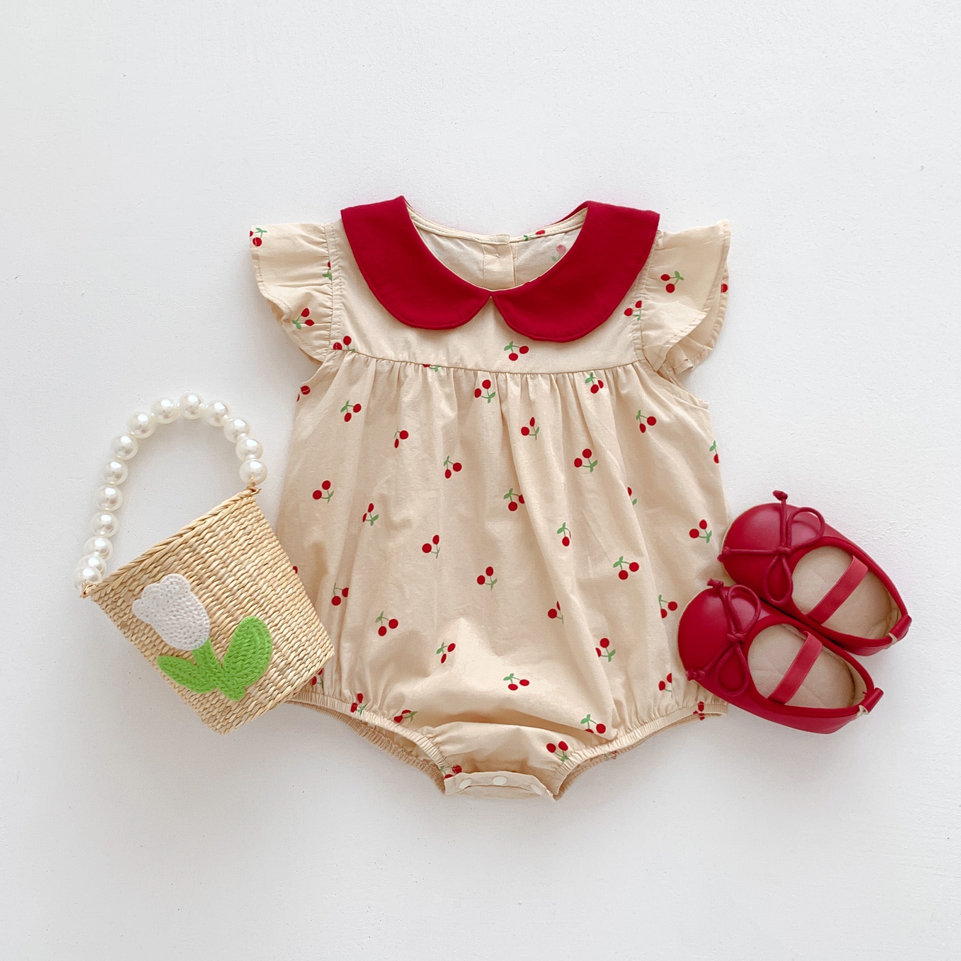 Summer Thin New Arrival Baby Girls Cherry Print Fly Sleeves Peter Pan Collar Onesies-1