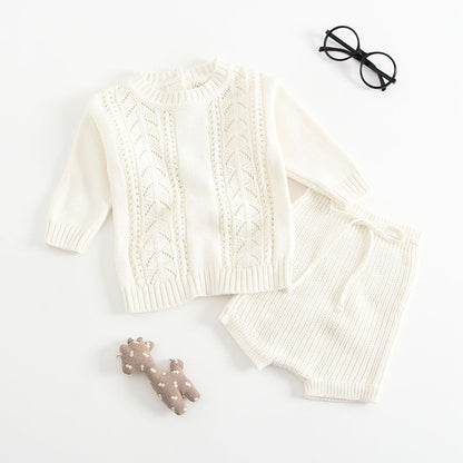 Baby Solid Color Hollow Carved Design Knitwear Sets-2