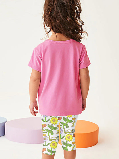 Girls Sunny Day Cartoon T-Shirt And Floral Capri Pants Set-2