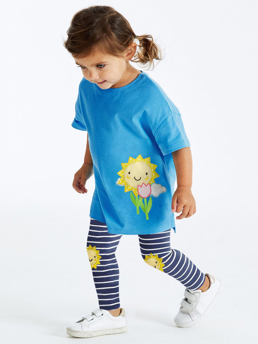 Summer Baby Kids Girls Sunflower Print Short Sleeves T-Shirt And Striped Pants Clothing Set-3