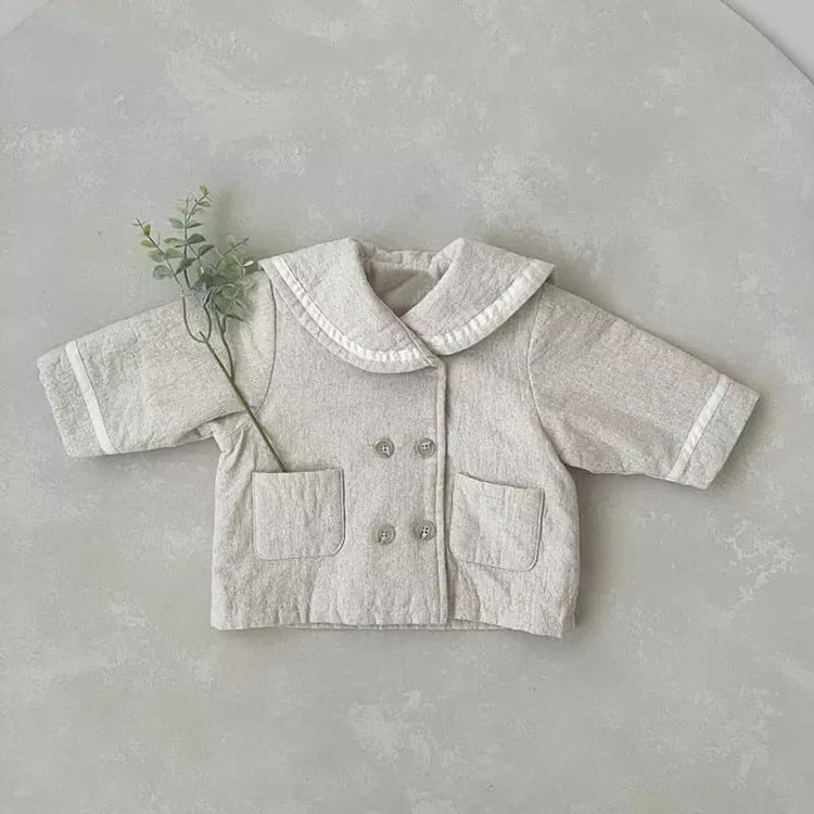 Baby Plaid Pattern Solid Color Lapel Design Cute Style Quilted Coat-2