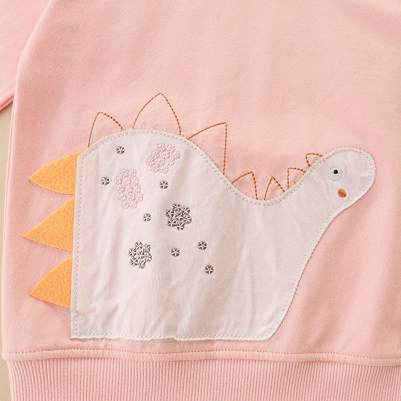 Autumn Dinosuar Pattern Pink Soft Cotton Hoodie-2