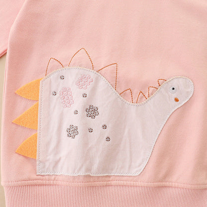 Autumn Dinosuar Pattern Pink Soft Cotton Hoodie-2