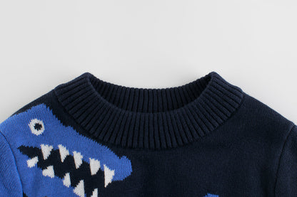 Boys Multi Color Contrast Dinosaur Pattern Round Collar Knit Sweater Outfit-2