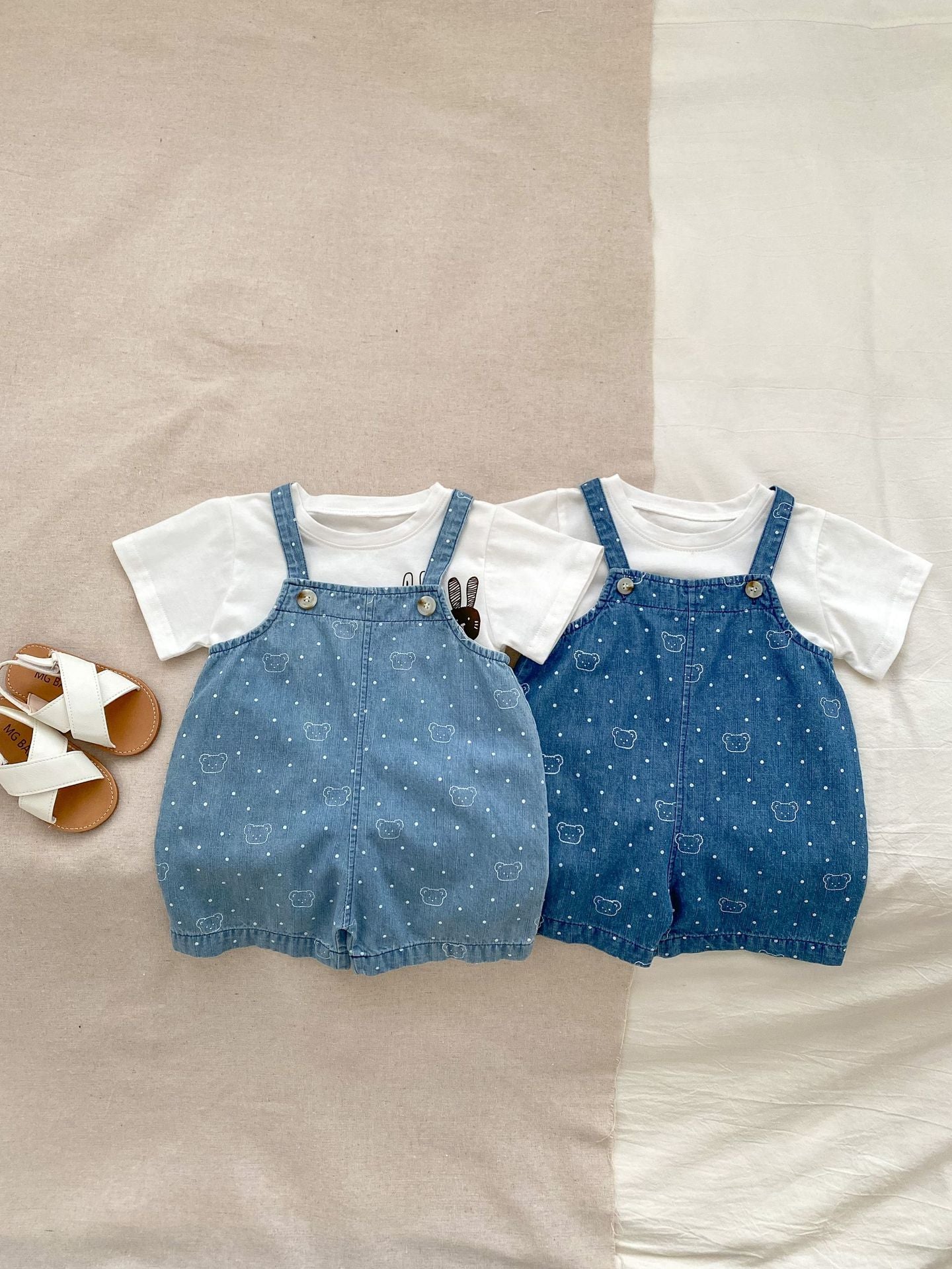 Summer Baby Kids Unisex Teddy Print White Dots Denim Overalls-3