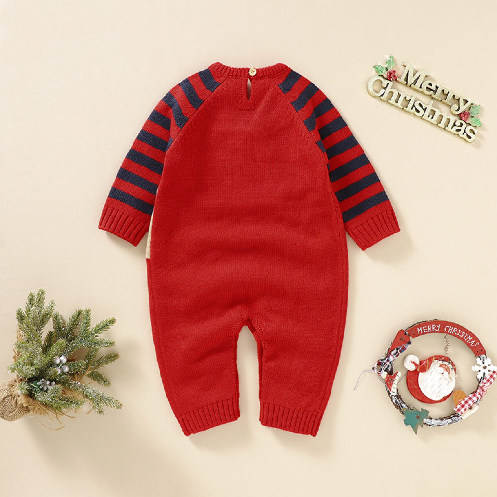 Baby Cartoon Elk Graphic Side Striped Sleeve Knitted Romper-2