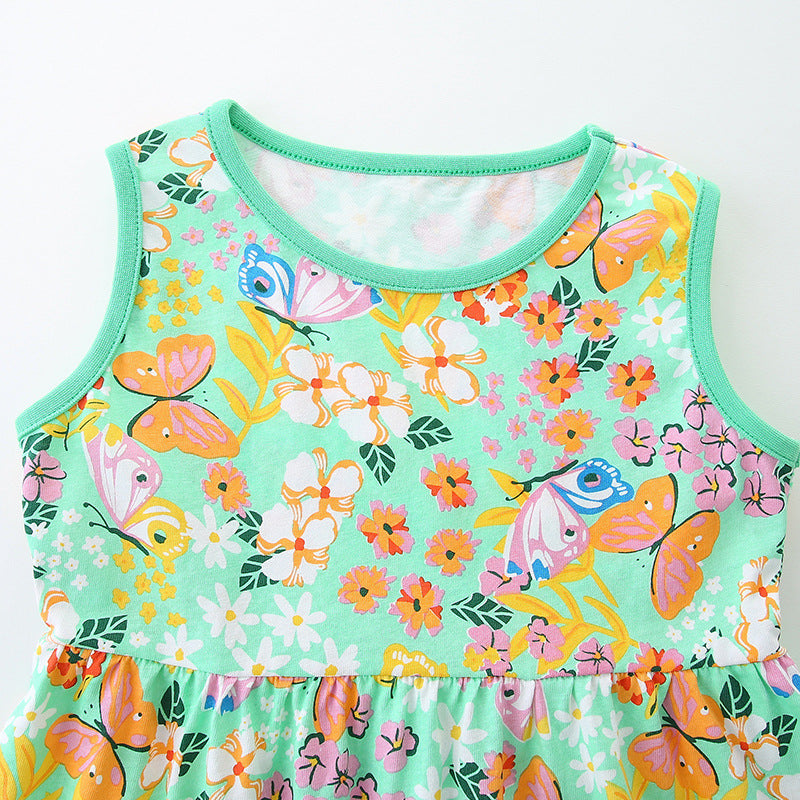 Summer Hot Selling Girls’ Flowers Pattern Butterfly Print Sleeveless Dress-2