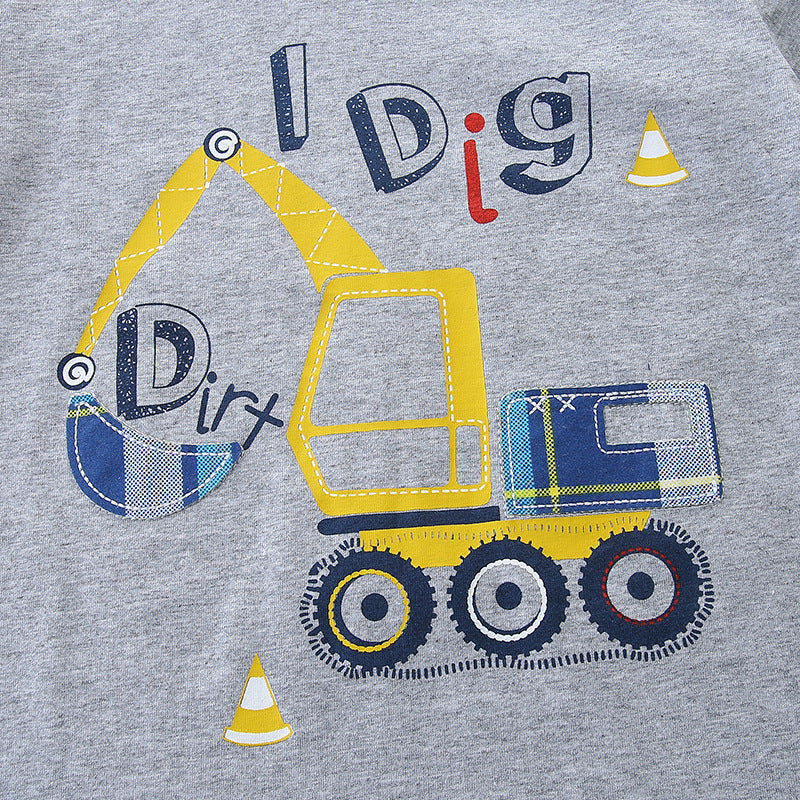 Summer Baby Kids Boys Excavator Cartoon Print T-Shirt And Plaid Shorts Clothing Set-2