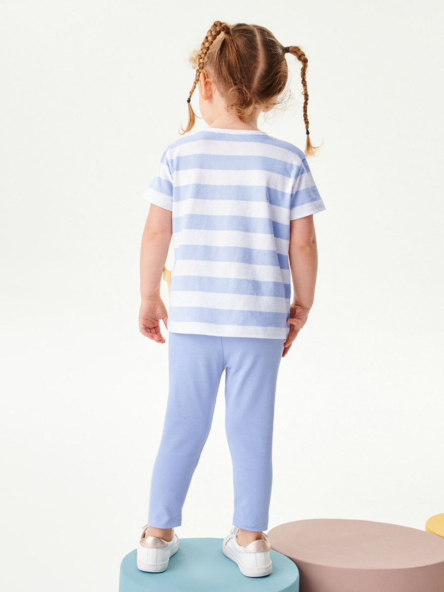 Summer Girls Ducks Cartoon Striped T-Shirt And Pants Set-3