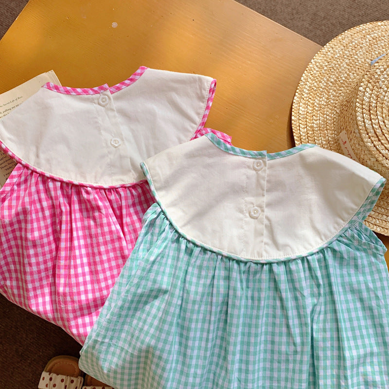 New Design Summer Baby Kids Girls Plaid Sleeveless Mermaid Embroidery Collar Dress-4