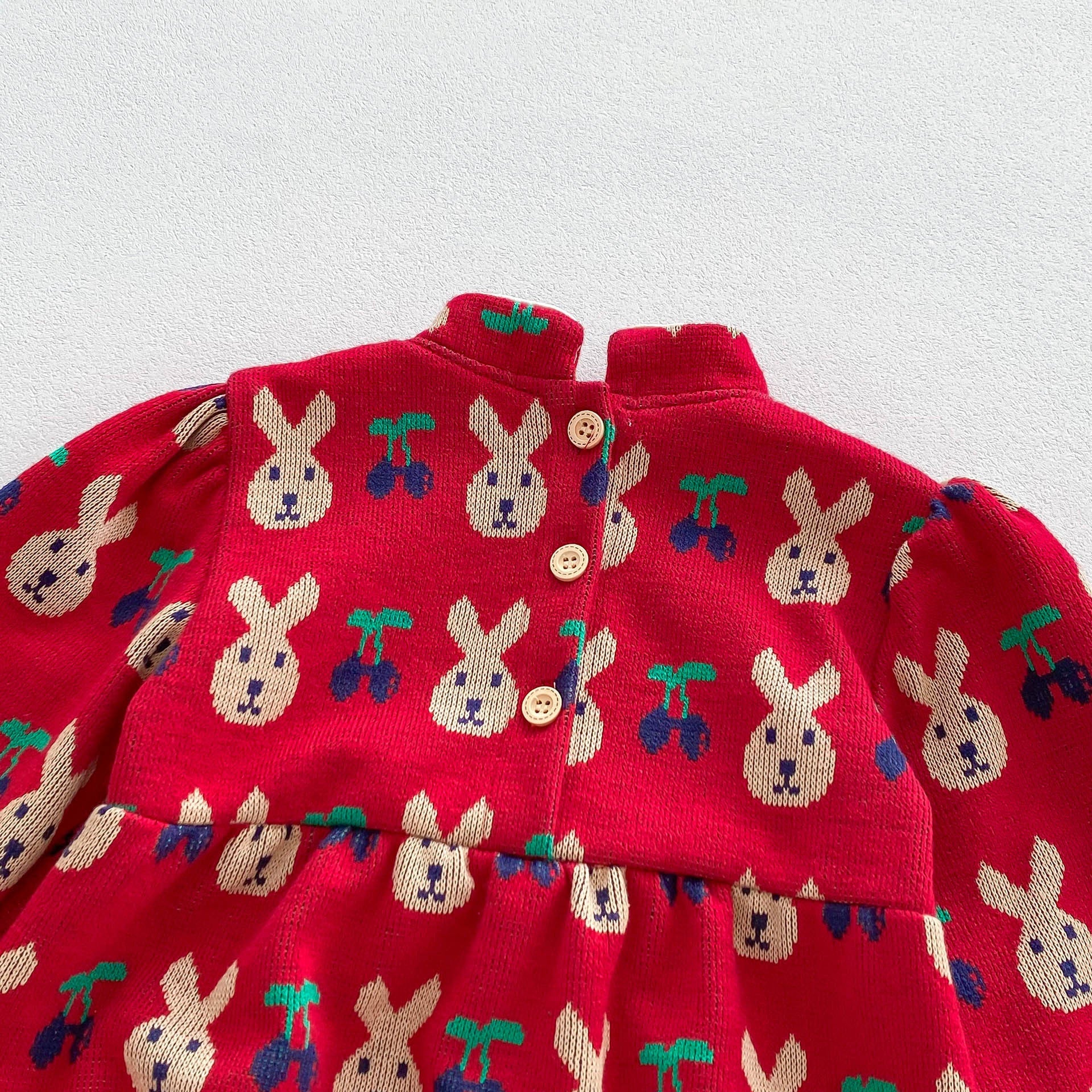 Infant Baby Girls Rabbit&amp;Cherry Around Long Sleeve One Piece-1