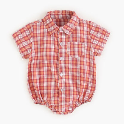 Baby Boy Plaid Pattern College Style Onesies-2