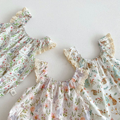 Summer New Arrival Baby Girls Floral Animals Print Sleeveless Strap Onesies-4