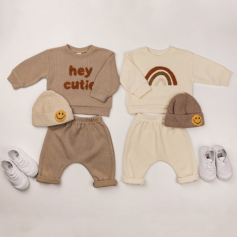 Baby Rainbow &amp; Letter Graphic Hoodies And Pants Sets-1