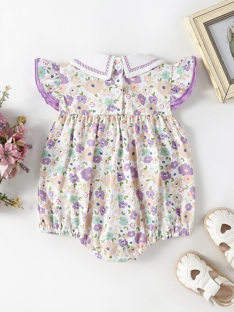 Summer Hot Selling Baby Girls Floral Pattern Fly Sleeves Embroidered Collar Onesies-1