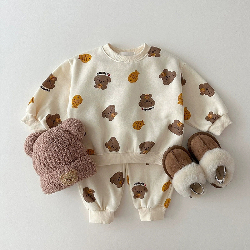 Unisex Baby And Kids Apricot Animals Cartoon Top And Pants Casual Home Clothing Set-2