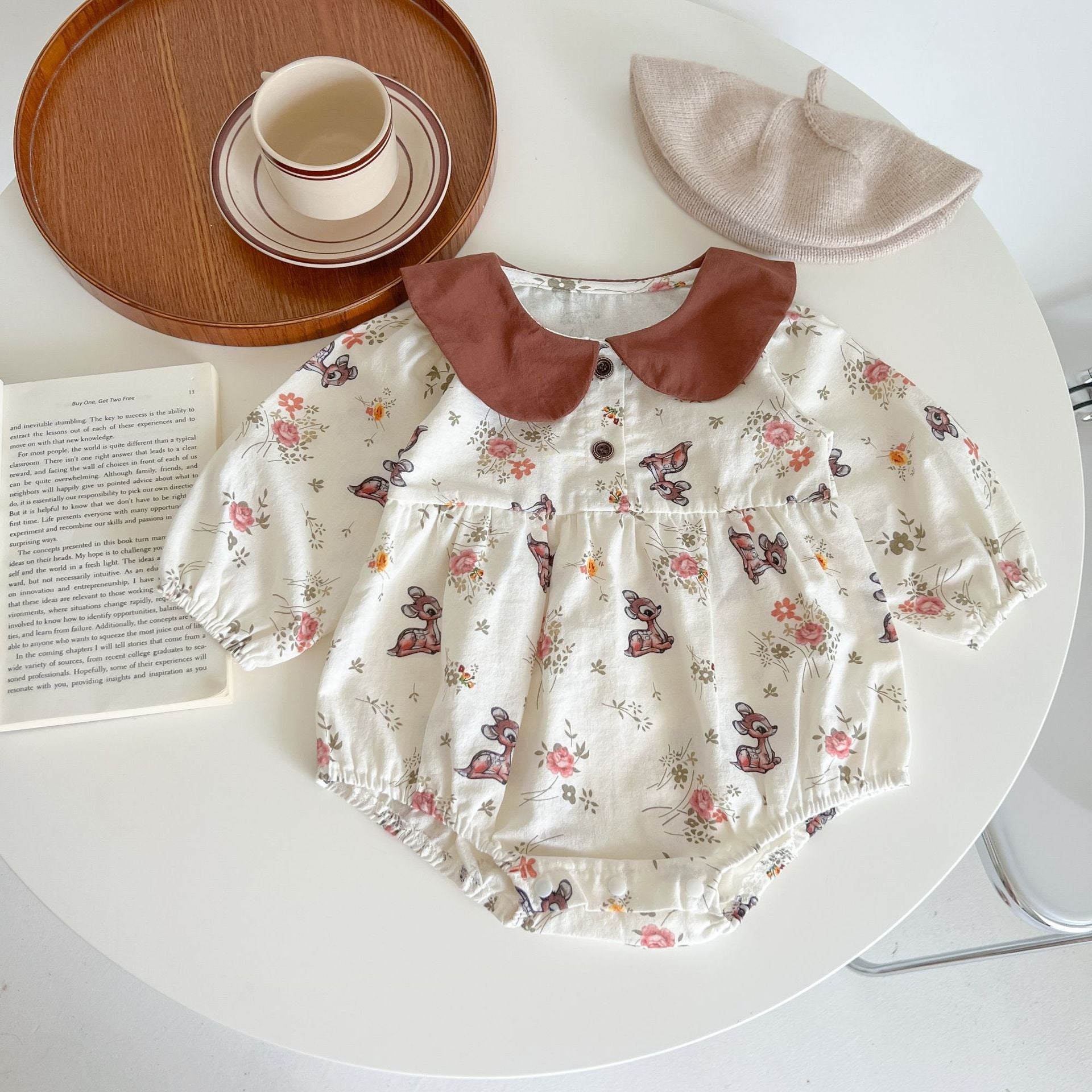 Baby Girl Flower &amp; Deer Pattern Doll Neck Cotton Bodysuit-2