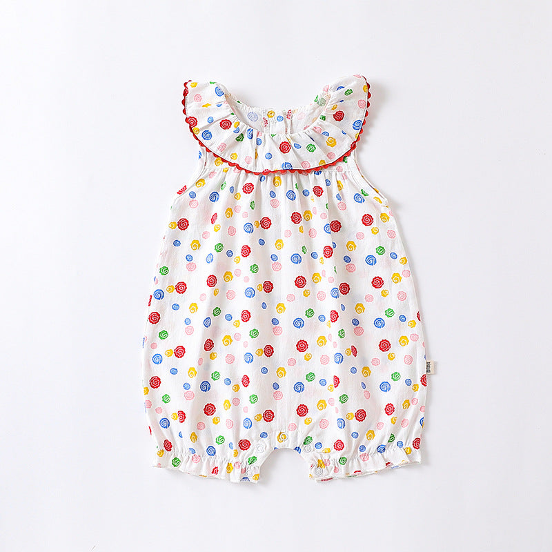 Baby Floral Pattern Ruffle Neck Sleeveless Rompers-2