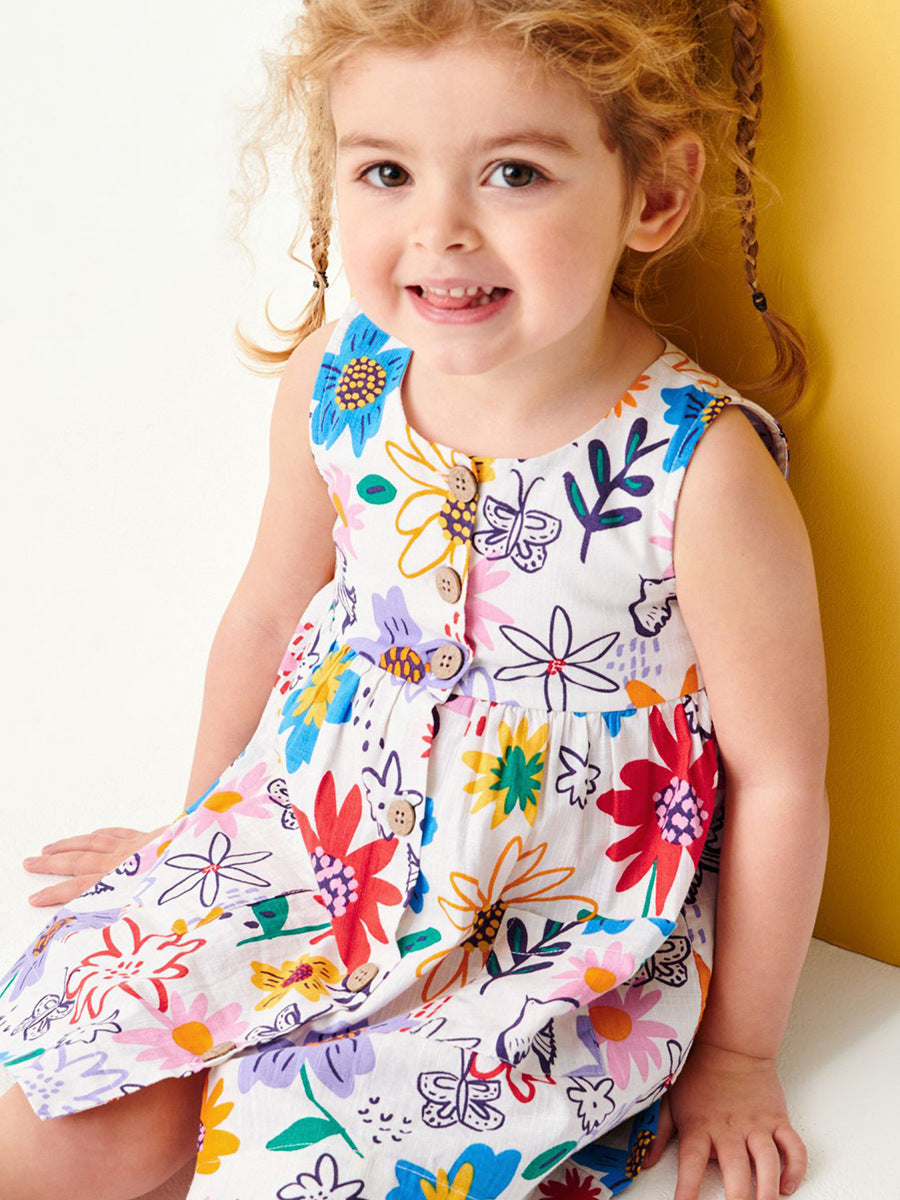 Summer Girls Sleeveless Colorful Floral Pattern Dress-2