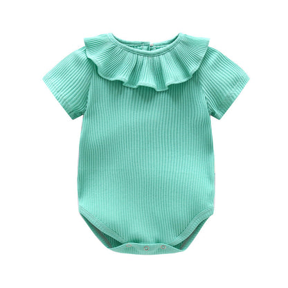 Baby Girl Solid Color Ruffle Design Short Sleeve O-Neck Onesies-2