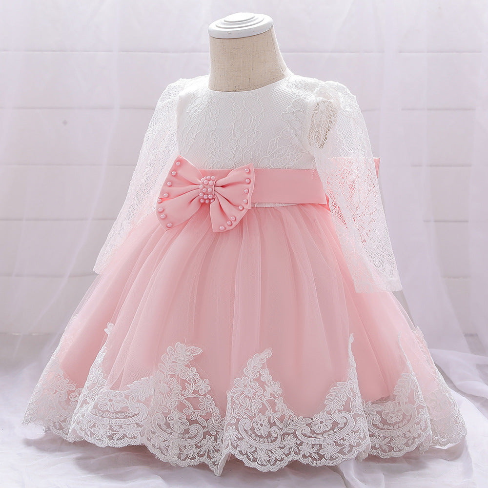 Baby Girl Bow Patched Design Long Sleeves Full Moon Christening Mesh Formal Dress-20