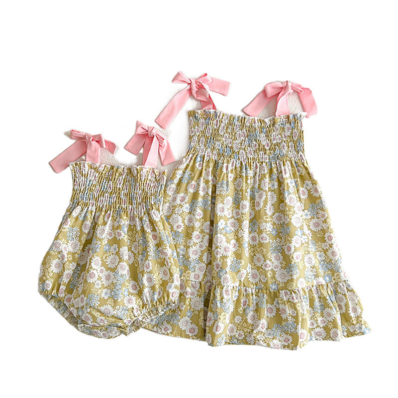 Baby Girls Floral Design Butterfly Bows Strap Dress/Onesies-1