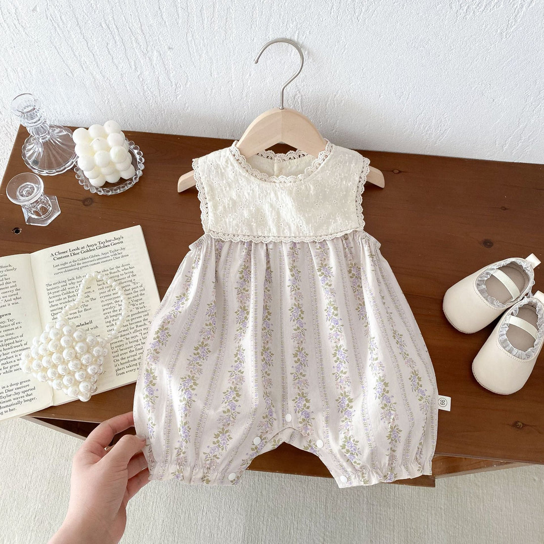 New Design Summer Baby Kids Girls Floral Pattern Ruffle Lace Neck Sleeveless Patchwork Romper-1