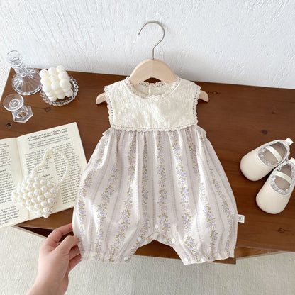 New Design Summer Baby Kids Girls Floral Pattern Ruffle Lace Neck Sleeveless Patchwork Romper-1
