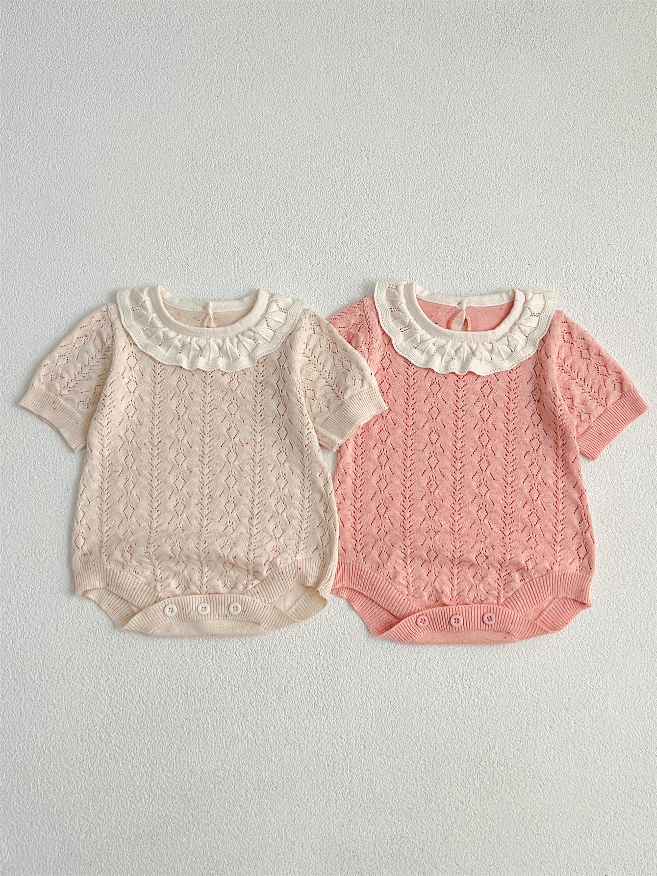 New Arrival Summer Baby Kids Girls Knitted Ruffled Collar Hollow Out Short Sleeves Onesies-4