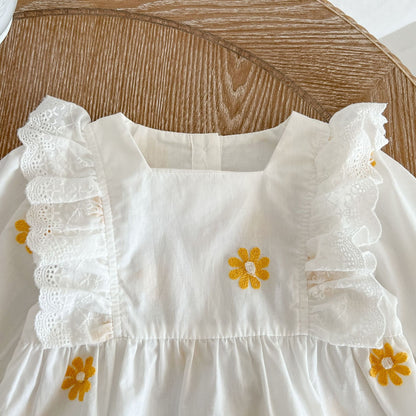 Baby Floral Embroidered Pattern Ruffle Design Square Collar Onesie-2