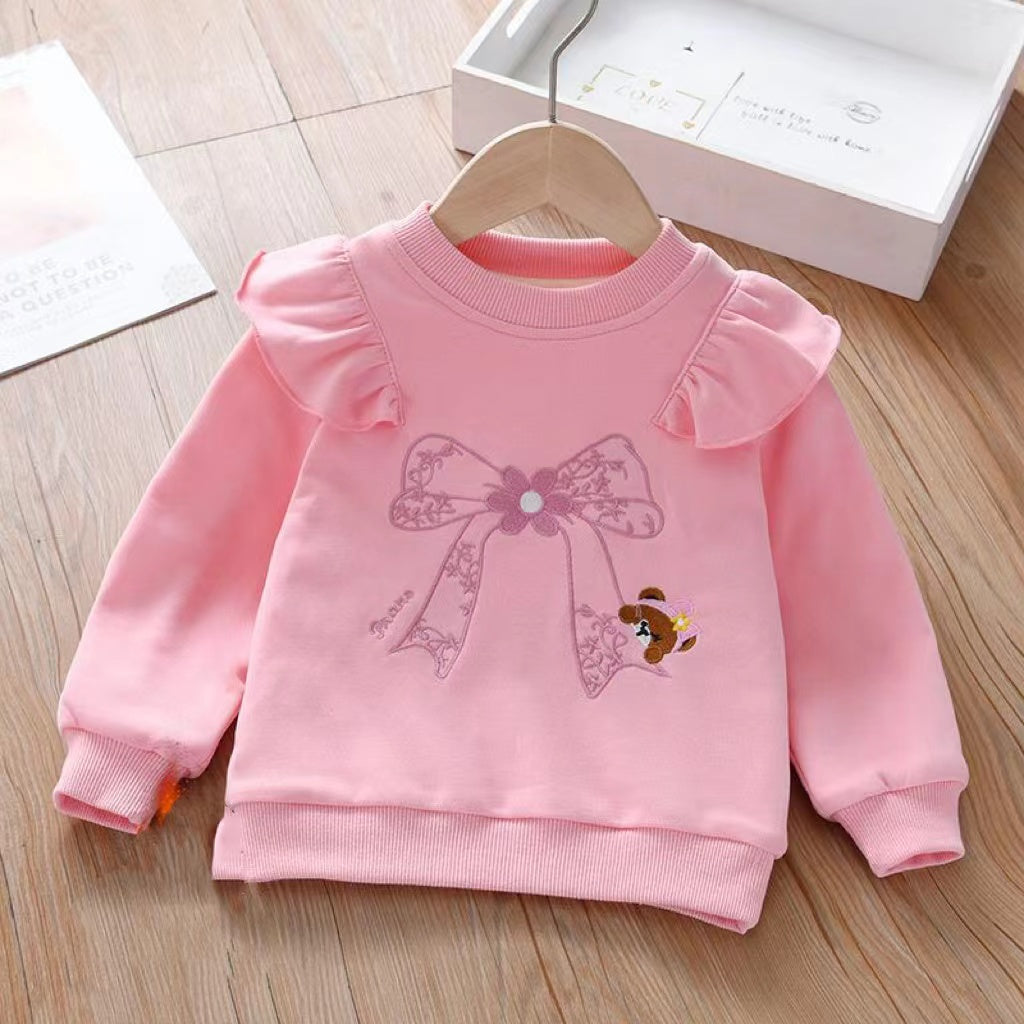 Baby Girl Embroidered Pattern Ruffle Design Fleece Thickened Hoodies-1