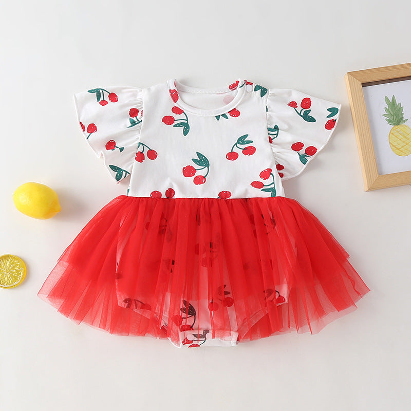 Baby Girl Cherry Print Pattern Mesh Patchwork Design Round-Collar Short-Sleeved Summer Dress Onesies-2