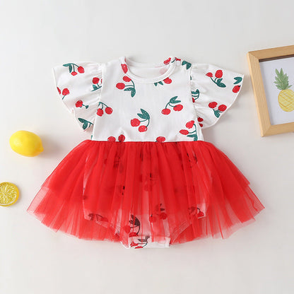 Baby Girl Cherry Print Pattern Mesh Patchwork Design Round-Collar Short-Sleeved Summer Dress Onesies-2