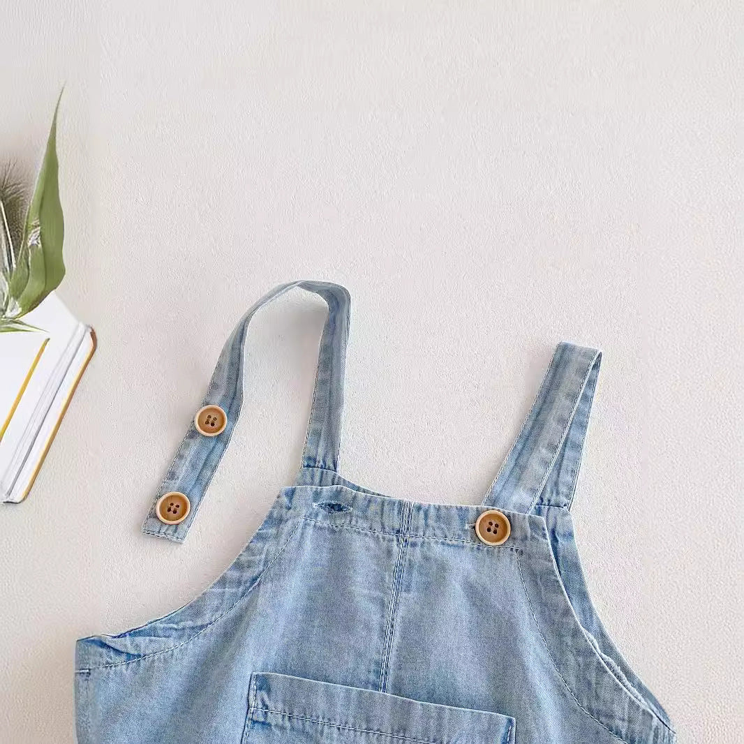 New Arrival Summer Baby Kids Unisex Teddy Bear Pattern Short Sleeves T-Shirt And Thin Denim Overalls Romper – Baby Matching Clothing Set-2