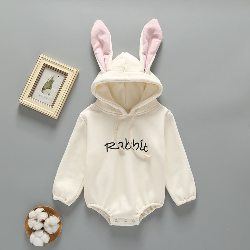 Baby Girl Print Pattern Rabbit Ear Design Long Sleeved Thickened Onesies-2