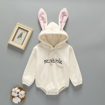 Baby Girl Print Pattern Rabbit Ear Design Long Sleeved Thickened Onesies-2