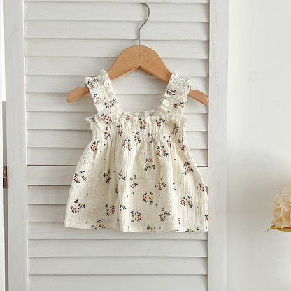 Summer Hot Selling Baby Girls Sleeveless Floral Pattern Strap Top Dress And Shorts Clothing Set-2