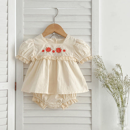 New Arrival Summer Baby Kids Girls Flowers Pattern Embroidery Short Sleeves Square Neck Dress And Bloomers Sets And Onesies – Princess Sister Matching Set-3