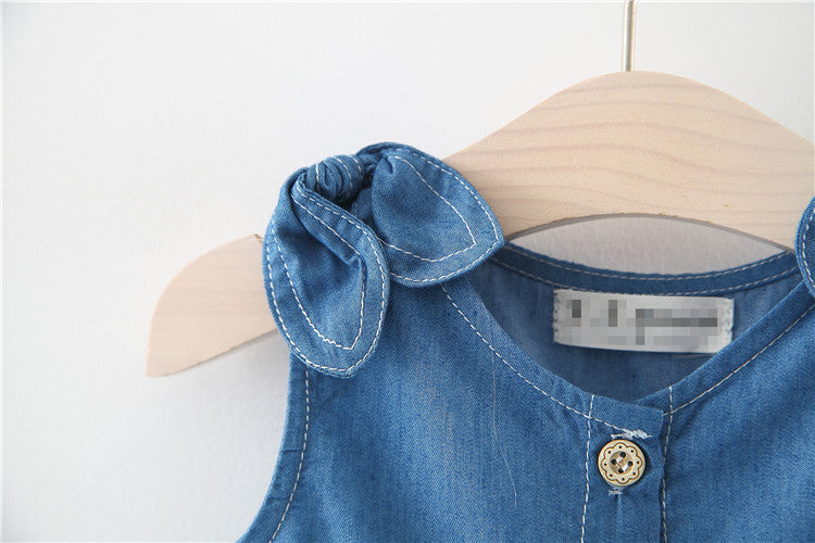 Baby Girl Solid Blue Denim Dress In Summer-3