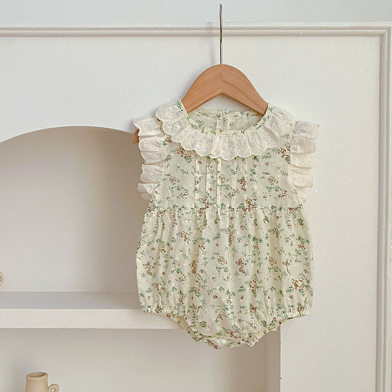 Summer New Arrival Baby Floral Vine Pattern Fly Sleeves Onesies For Girls With Hollow Out Collar-1