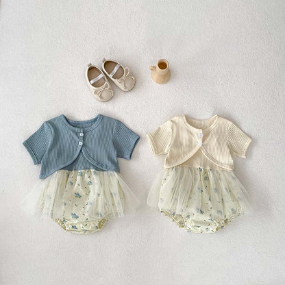 New Arrival Summer Baby Kids Girls Solid Color Short Sleeves Cardigan And Sleeveless Strap Tulle Onesies – Sister Matching Set-0