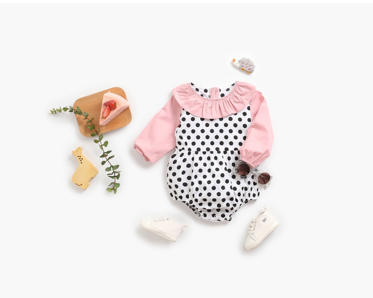 Baby Girl Polka Dot Pattern Ruffle Collar Design Long Sleeves Bodysuit Onesies-2