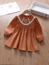 Autumn Kids Girls Simple Long Sleeves Ruffle Neck Floral Embroidery Dress-1