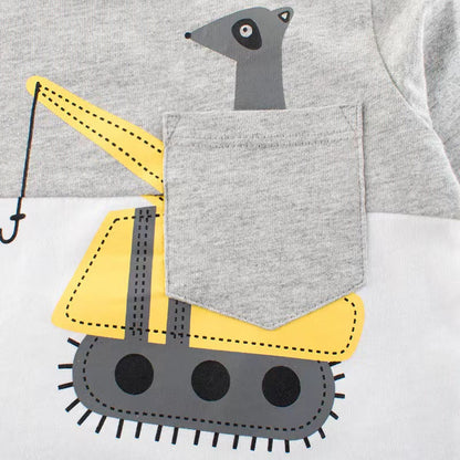 Baby Boy Cartoon Excavator &amp; Animal Pattern Contrast Design Shirt-2