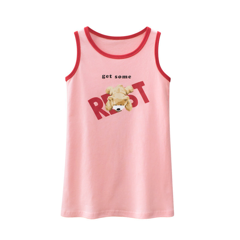 Baby Girl Bear Print Neck Color Matching Design Sleeveless T-Shirt In Summer-2