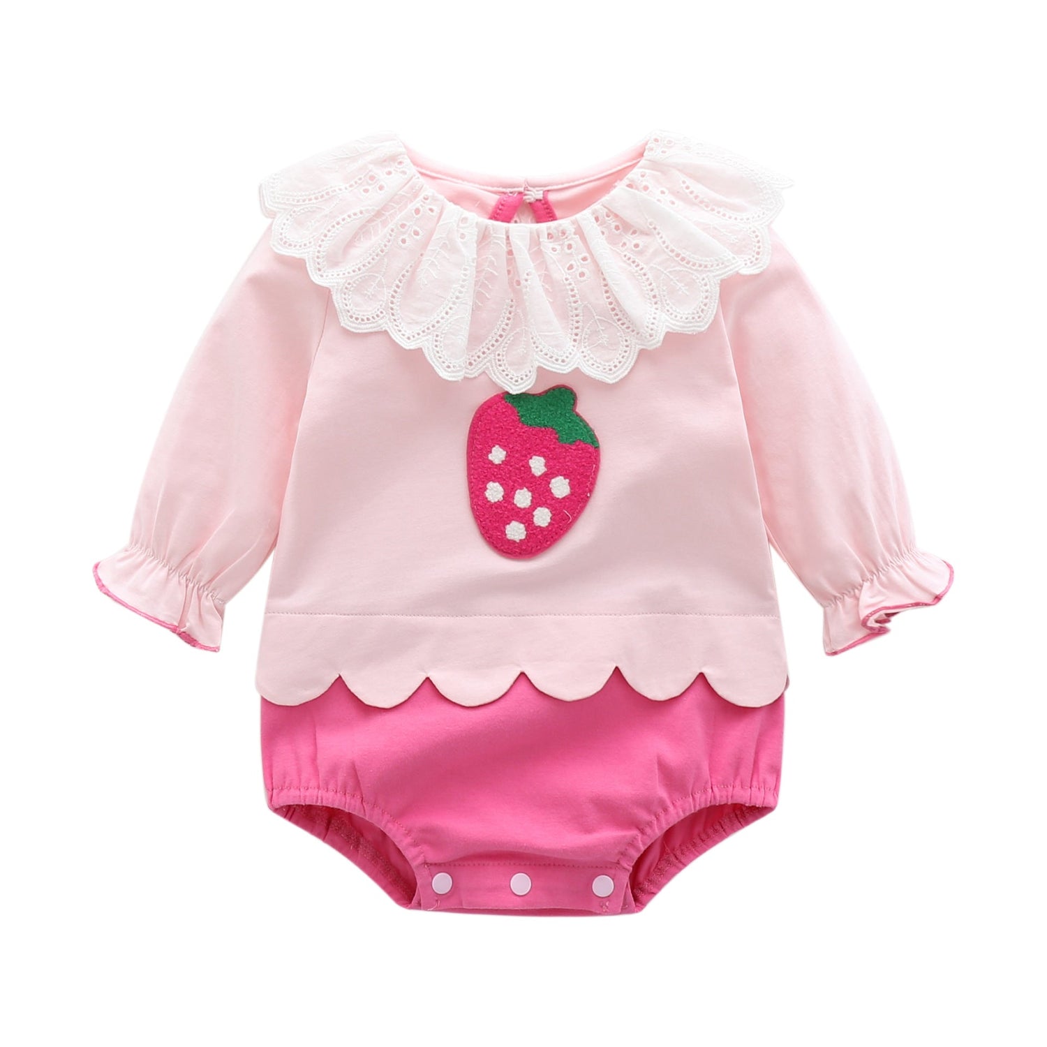 Baby Girl 1pcs Strawberry Pattern Mesh Ruffle Neck Patchwork Onesies Bodysuit-2