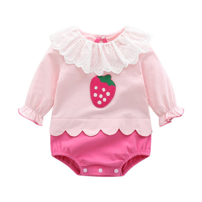 Baby Girl 1pcs Strawberry Pattern Mesh Ruffle Neck Patchwork Onesies Bodysuit-2