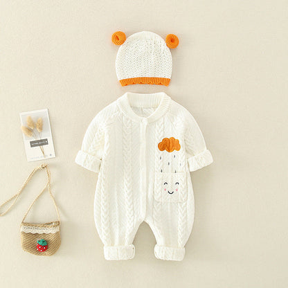 Baby Solid Color Cartoon Embroidered Design Crochet Knit Romper-1