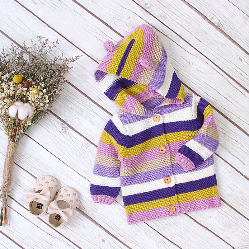 Baby Colorful Striped Pattern Button Front Knitted Cardigan With Hat-1