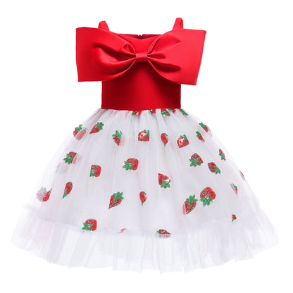 Baby Girl Strawberry Sequins Pattern Bow Tie Design Sling Tutu Formal Dress-2